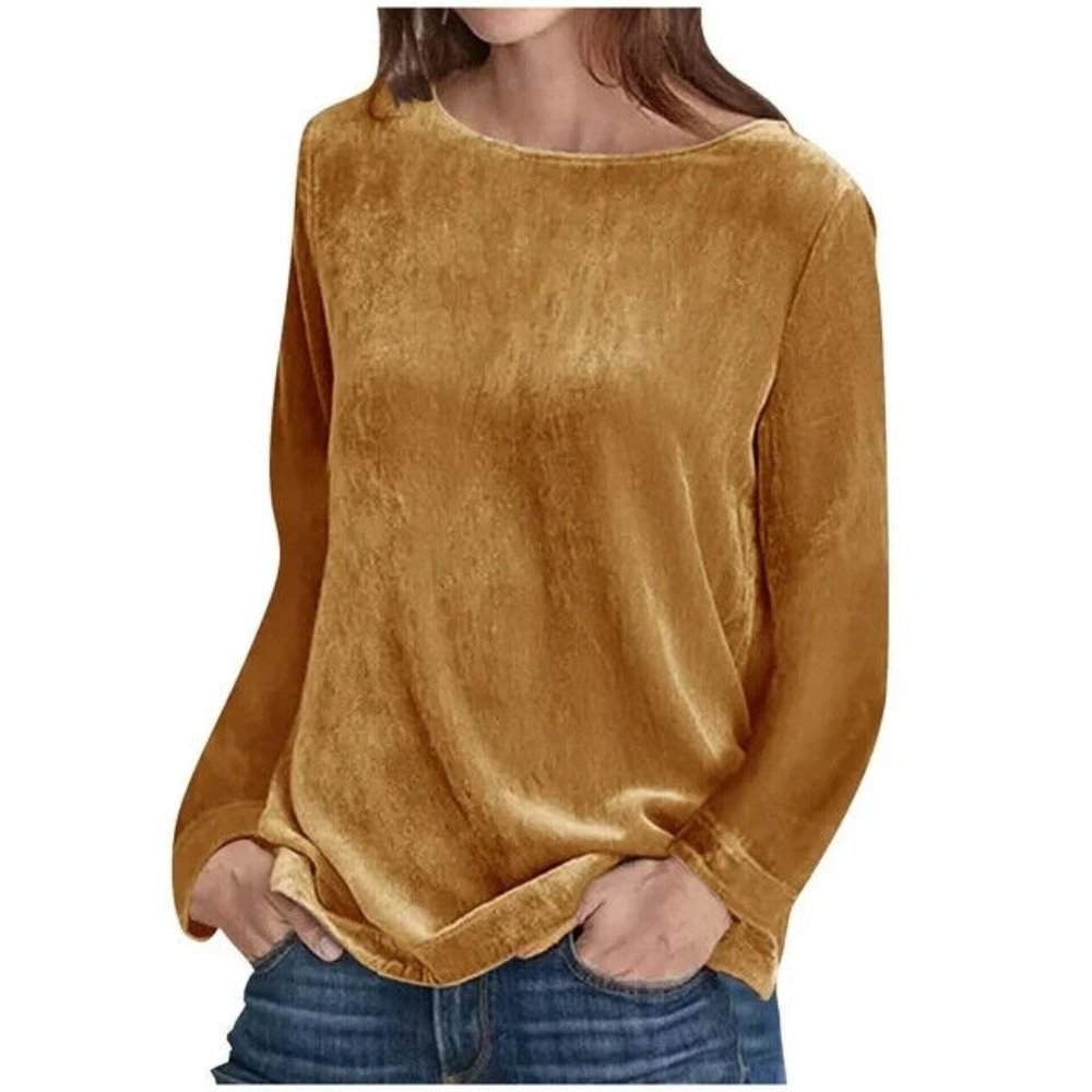 NEW! RYDCOT Women Long Sleeve Gold Boat Neck Velvet Super Soft Blouse Sz S